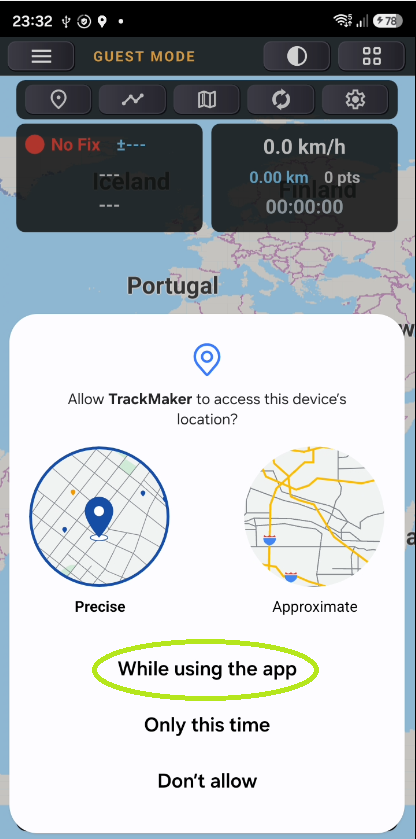GPS TrackMaker Android screen asking for location permission, with the While using the app option highlighted