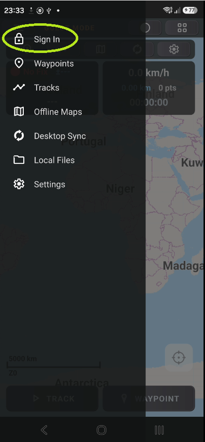 GPS TrackMaker Android side menu with the Sign In option highlighted