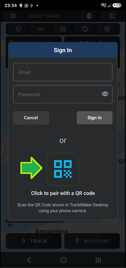 GPS TrackMaker Android sign-in screen with the QR code pairing button
