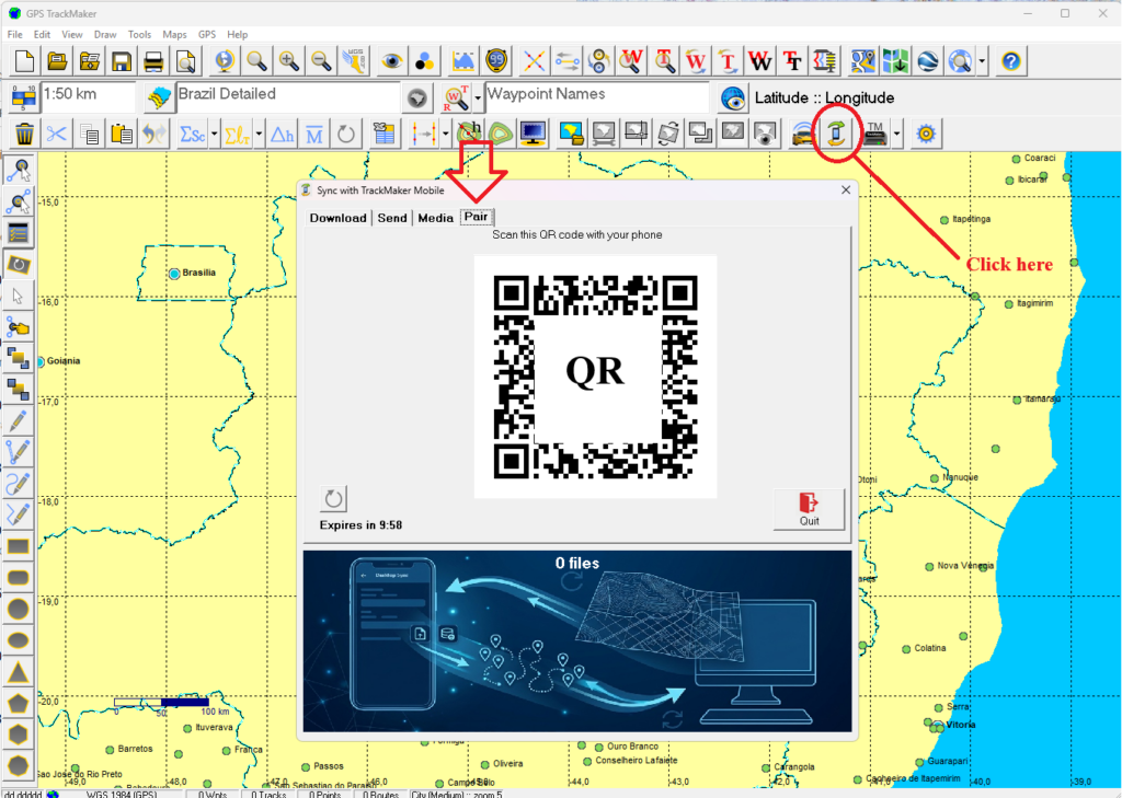Sync with TrackMaker Mobile window in GPS TrackMaker PRO showing the QR code on the Pair tab, with the synchronization button indicated on the toolbar