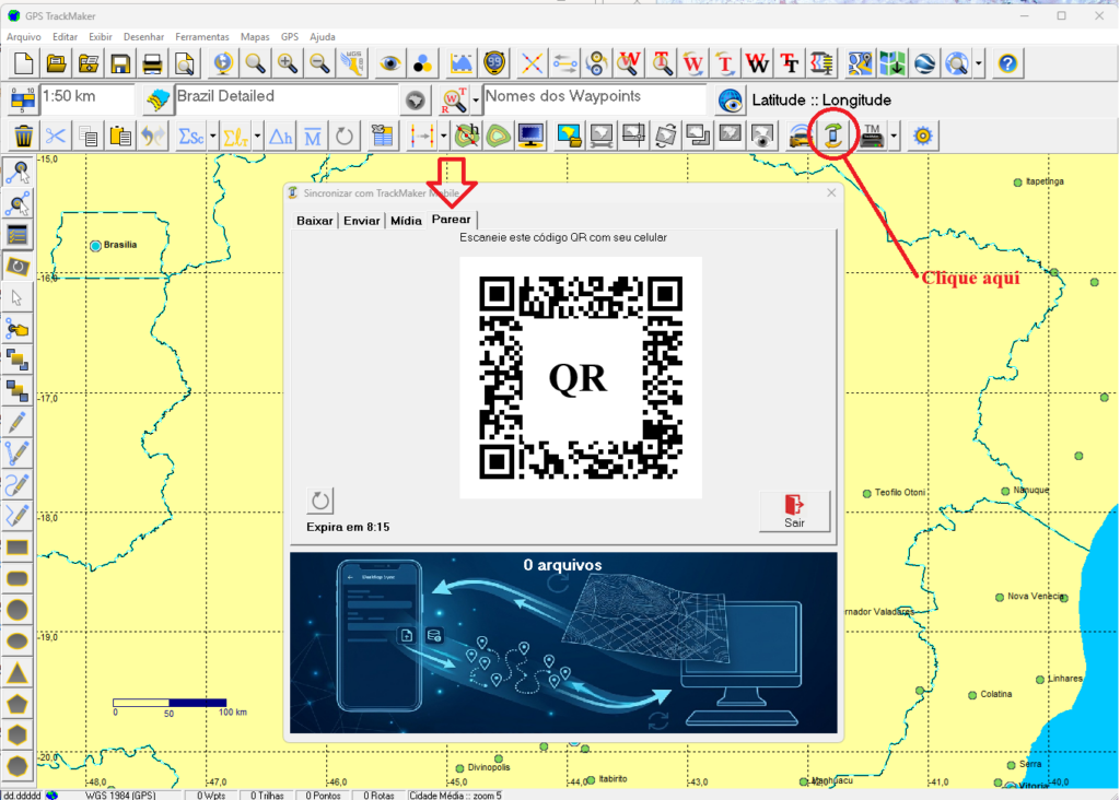 Janela Sincronizar com TrackMaker Mobile do GPS TrackMaker PRO exibindo o código QR na aba Parear, com o botão de sincronização indicado na barra de ferramentas