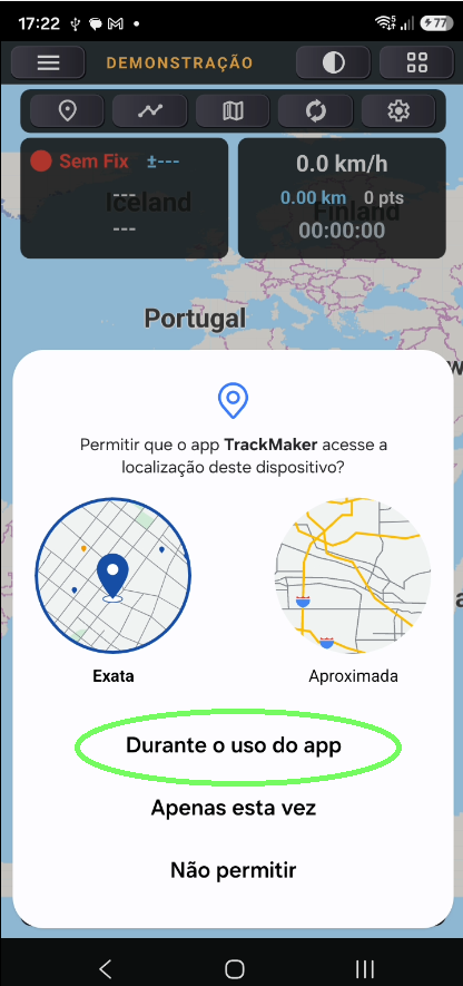 Tela do GPS TrackMaker Android pedindo permissão de localização, com a opção Durante o uso do app destacada