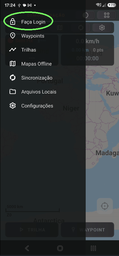 Menu lateral do GPS TrackMaker Android com a opção Faça Login destacada