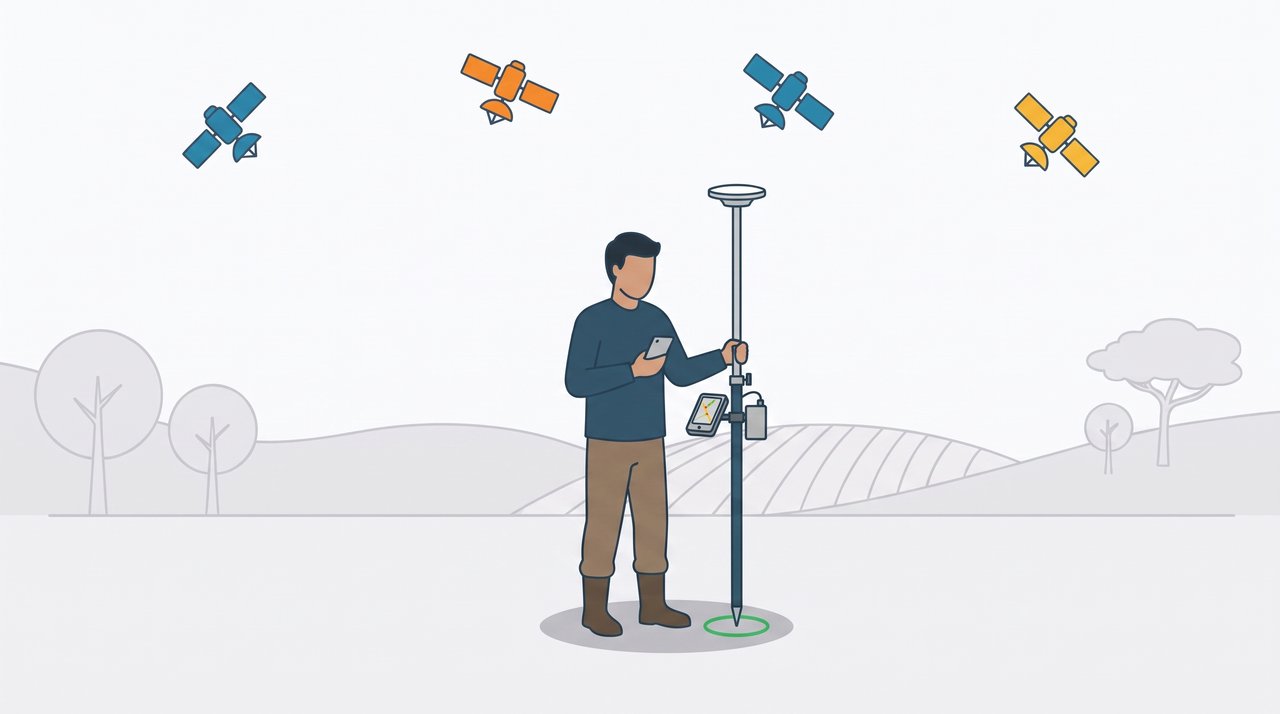 Ilustração de uma pessoa em campo aberto segurando um bastão com antena GNSS no topo e um celular na mão, com satélites no céu