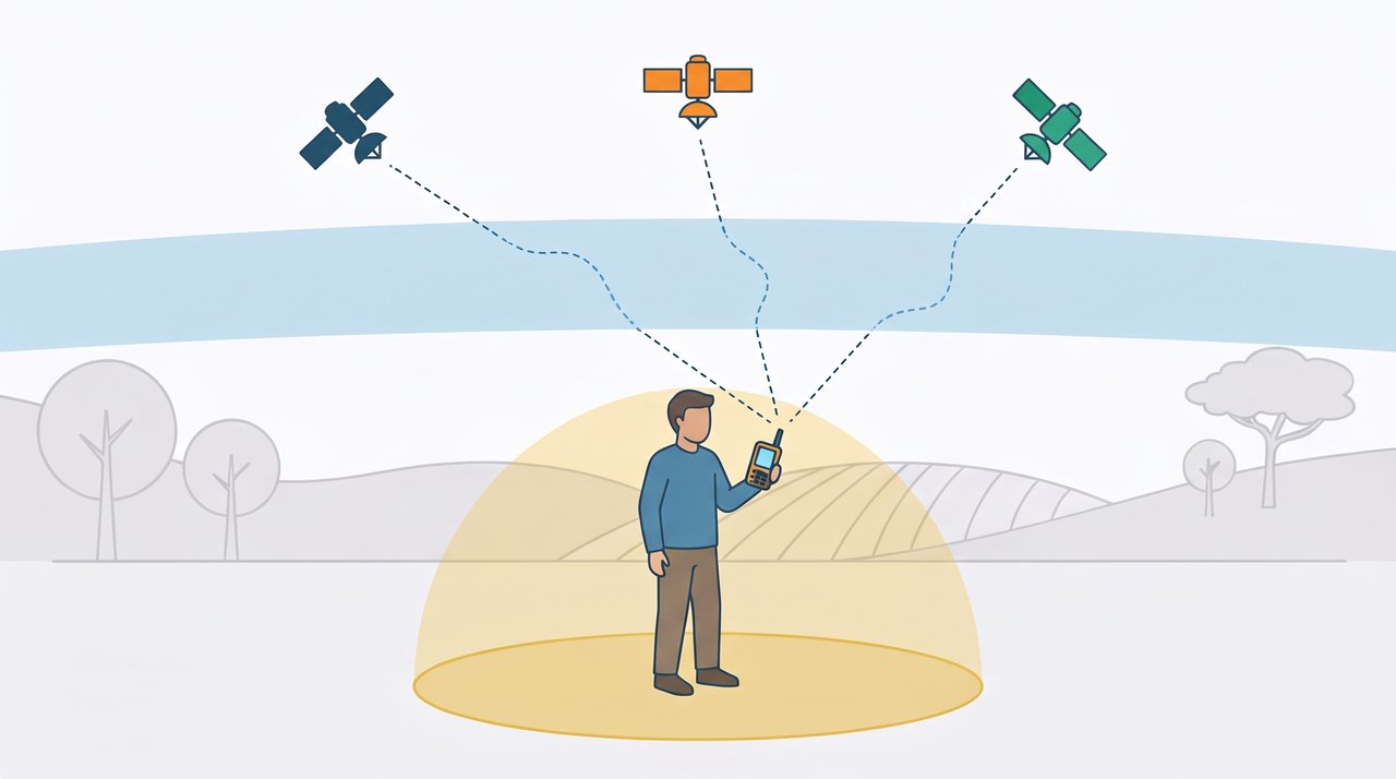 Diagrama de três satélites enviando sinal a um GPS de mão: as linhas do sinal ondulam ao atravessar a faixa da atmosfera e uma área amarela em volta da pessoa indica a incerteza de alguns metros