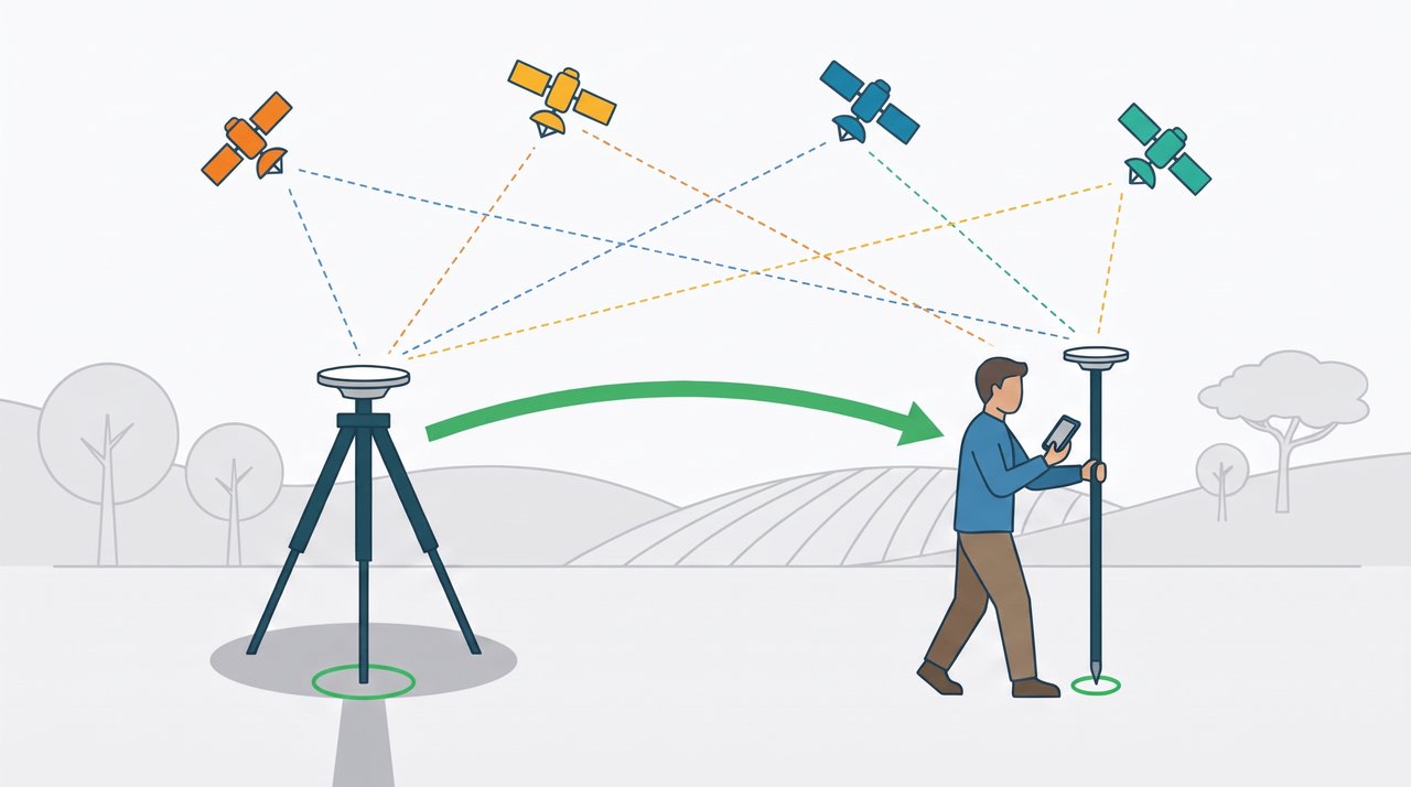 Diagrama de uma base RTK em tripé e de um rover no bastão recebendo os mesmos satélites, com uma seta verde levando a correção da base ao rover