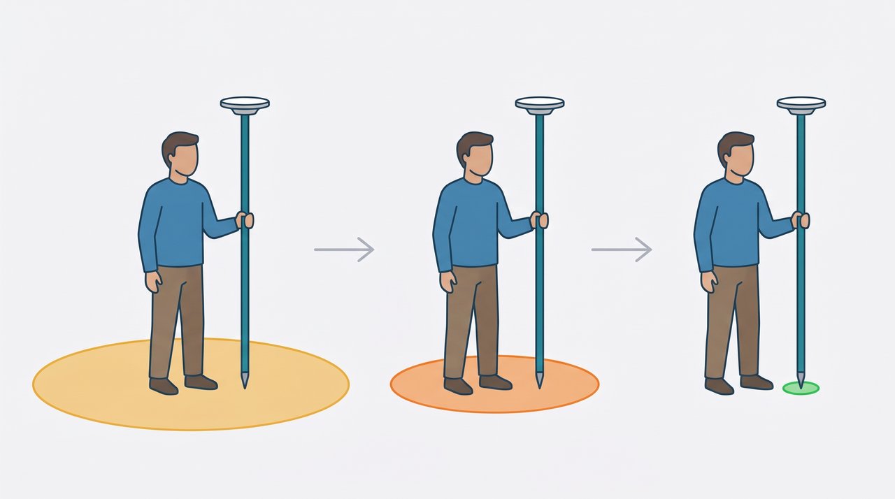 Três cenas com a mesma pessoa segurando um bastão vertical com antena GNSS no topo: o círculo de incerteza no chão é grande e amarelo na primeira, médio e laranja na segunda e pequeno e verde na terceira