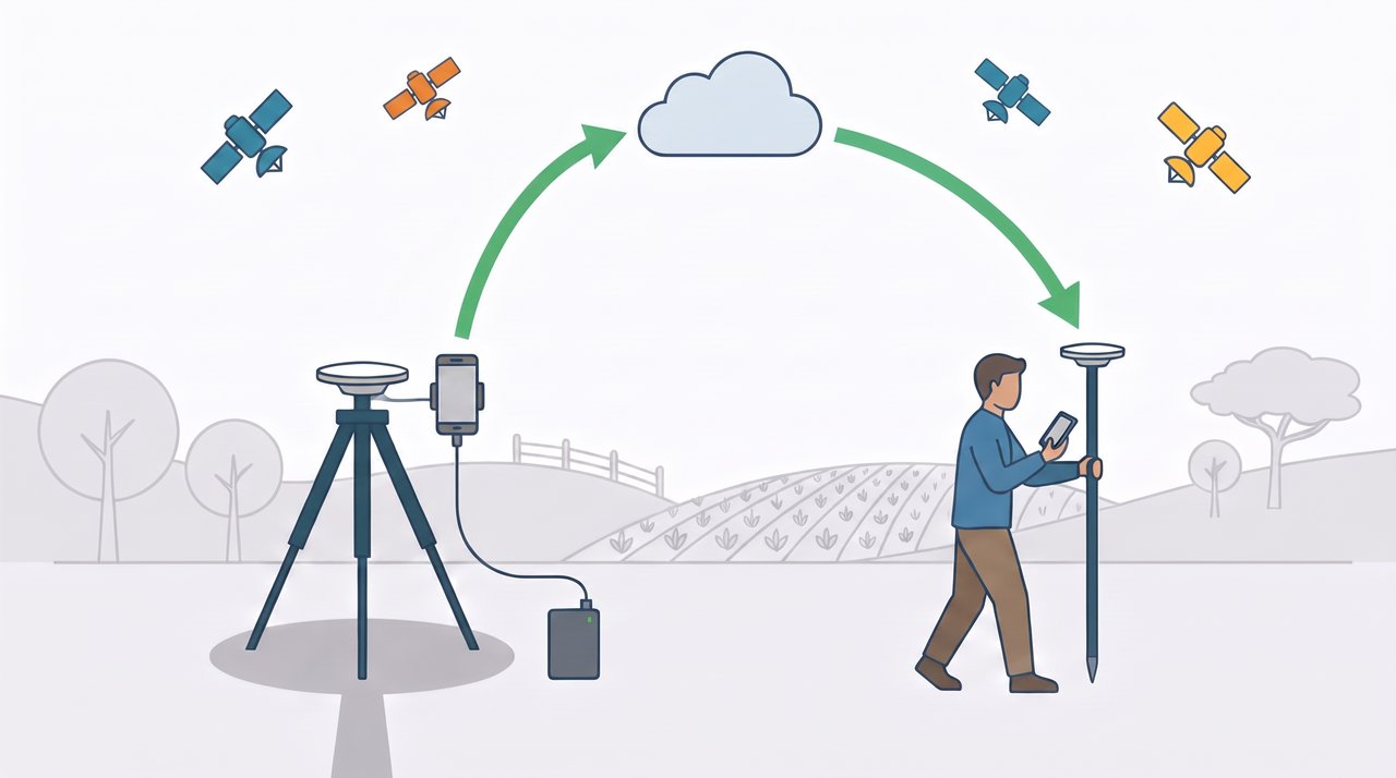 Ilustração de uma base em tripé com celular e bateria enviando a correção pela nuvem a uma pessoa com bastão e antena GNSS, numa fazenda