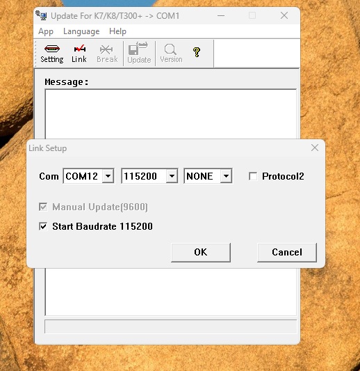 Janela Link Setup do programa de atualização com a porta COM12, velocidade 115200, NONE e a opção Start Baudrate 115200 marcada