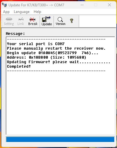 Update program on port COM7, asking to restart the receiver and showing the Completed! message at the end of the write